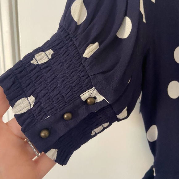 Anthropologie Maeve Polka Dot Wrap Dress Midi High-Low Puff Sleeve Navy Blue 8 - Picture 5 of 10